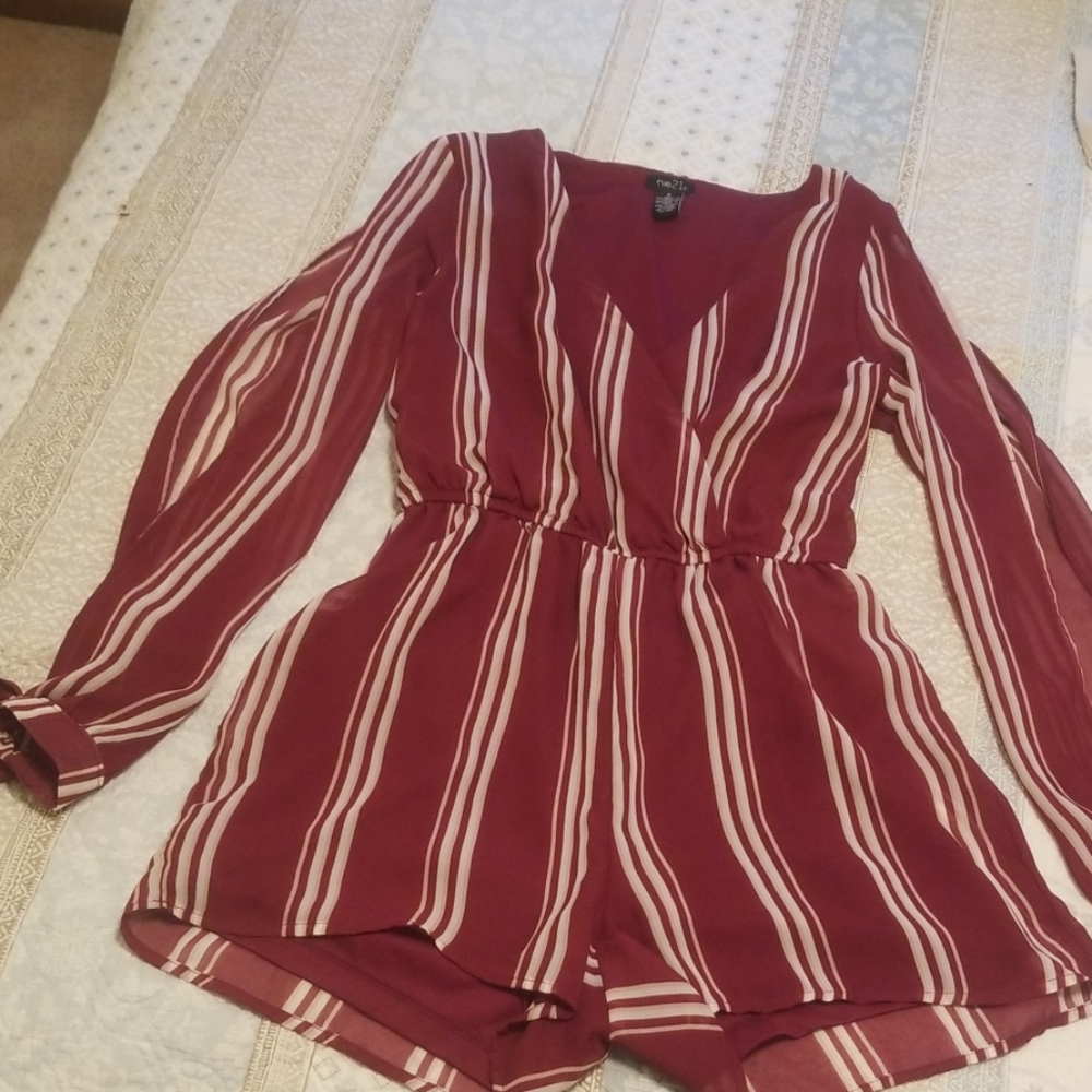 Long sleeve red and white striped romper